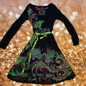 Desigual Black and Green Long Sleeve Sundress
